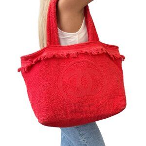CHANEL Vintage CC Logo Beach Tote Bag Shoulder Red Cotton Terry Cloth [105659]